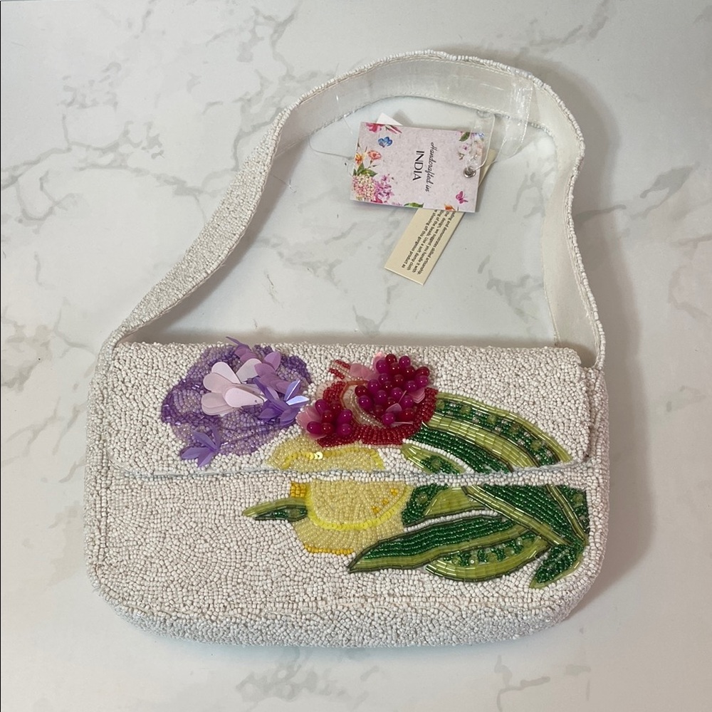 Viral Floral Beaded Bag White Pink Tulip Handmade India Top Handle Shoulder